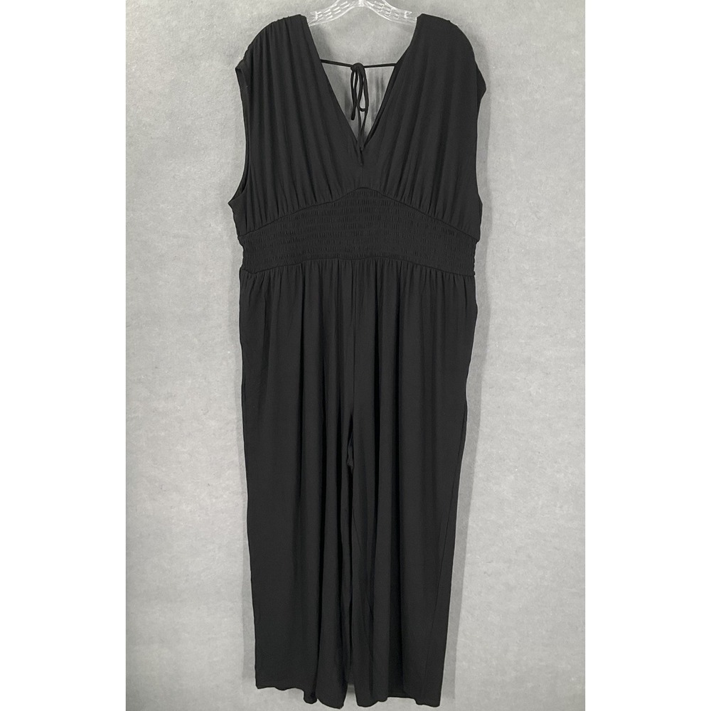 Old Navy Jumpsuit Women Sz XXL Black Smocked Waist V-Neck Wide Leg Casual